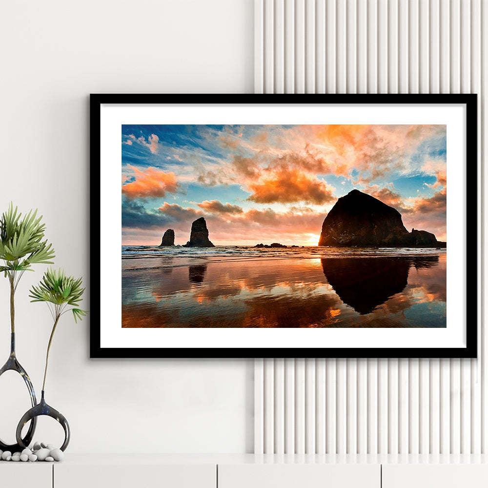 Haystack Rock At Sunset Cannon Beach Oregon. Large Stretched, Framed Art Print White Border