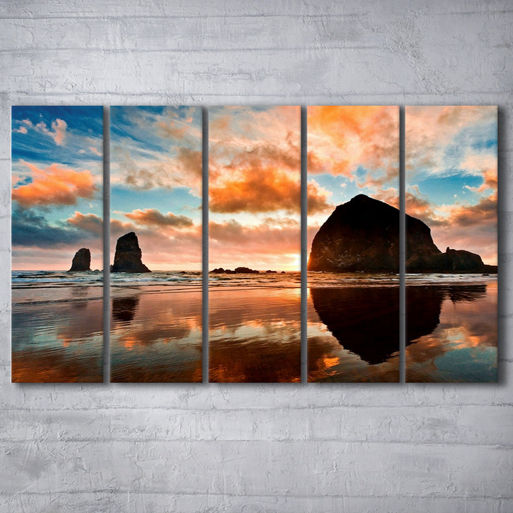 Haystack Rock at sunset Cannon Beach Oregon. Large Stretched Canvas, 5 Piece B Extra Large Cavas Print Wall Art Decor