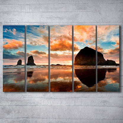 Haystack Rock at sunset Cannon Beach Oregon. Large Stretched Canvas, 5 Piece B Extra Large Cavas Print Wall Art Decor