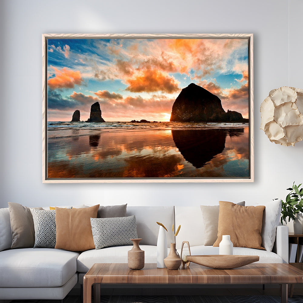 Haystack Rock At Sunset Cannon Beach Oregon. Large Stretched Canvas, Framed Cavas Print, Floating Frame