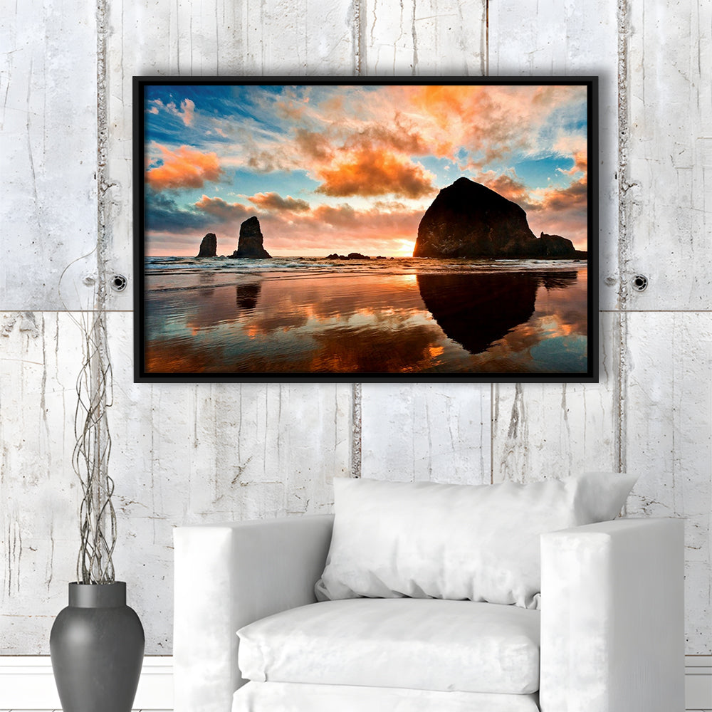 Haystack Rock At Sunset Cannon Beach Oregon. Large Stretched Canvas, Framed Cavas Print, Floating Frame
