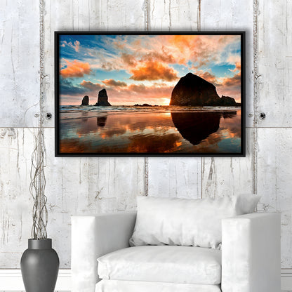 Haystack Rock At Sunset Cannon Beach Oregon. Large Stretched Canvas, Framed Cavas Print, Floating Frame