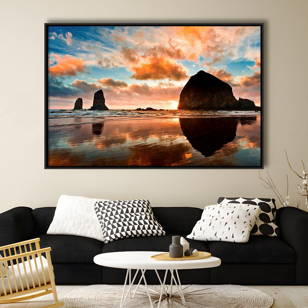 Haystack Rock At Sunset Cannon Beach Oregon. Large Stretched Canvas, Framed Cavas Print, Floating Frame