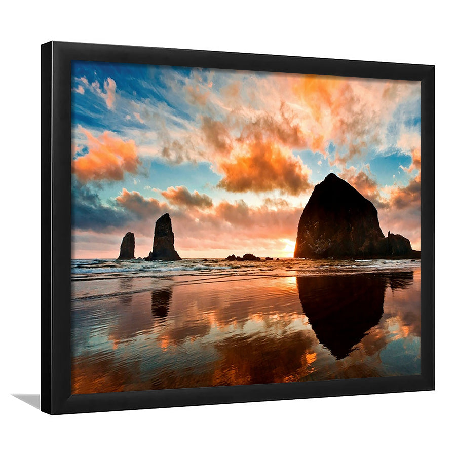Haystack Rock At Sunset Cannon Beach Oregon. LargeArt Prints, Framed Art Print, Picture Framed