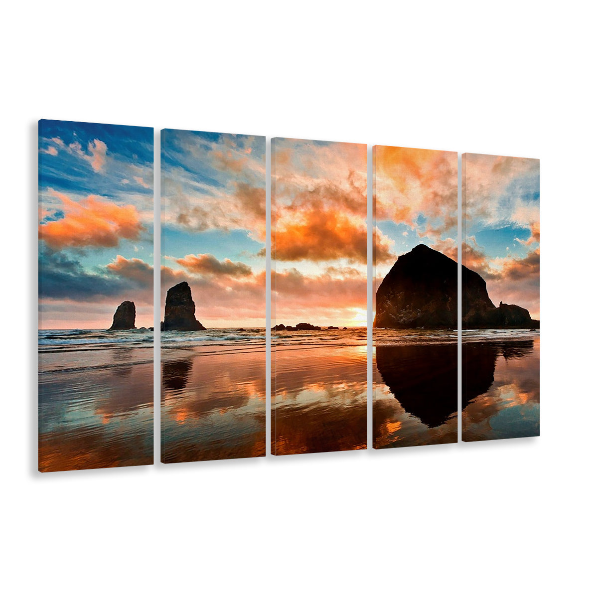 Haystack Rock at sunset Cannon Beach Oregon. Large Stretched Canvas, 5 Piece B Extra Large Cavas Print Wall Art Decor
