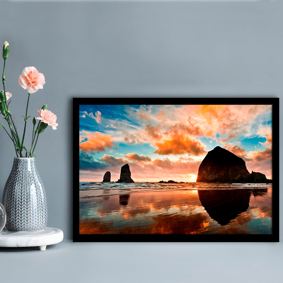 Haystack Rock At Sunset Cannon Beach Oregon. LargeArt Prints, Framed Art Print, Picture Framed