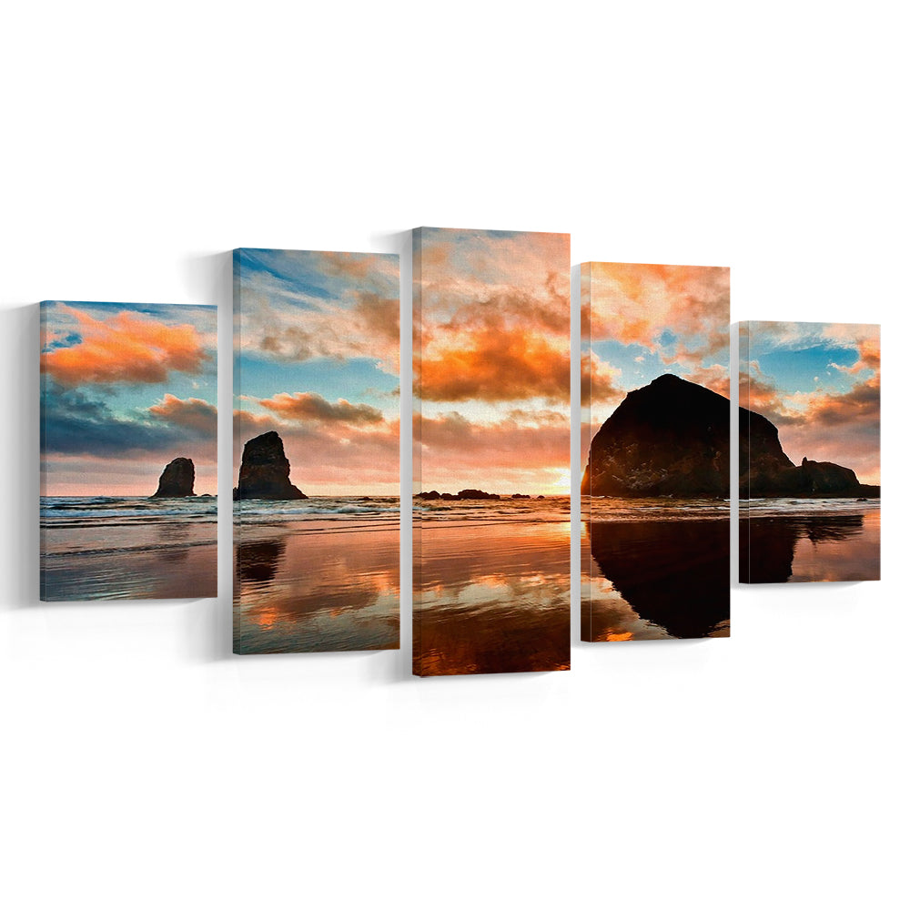Haystack Rock at sunset Cannon Beach Oregon. Large Stretched Canvas, 5 Piece Large Cavas Print Wall Art