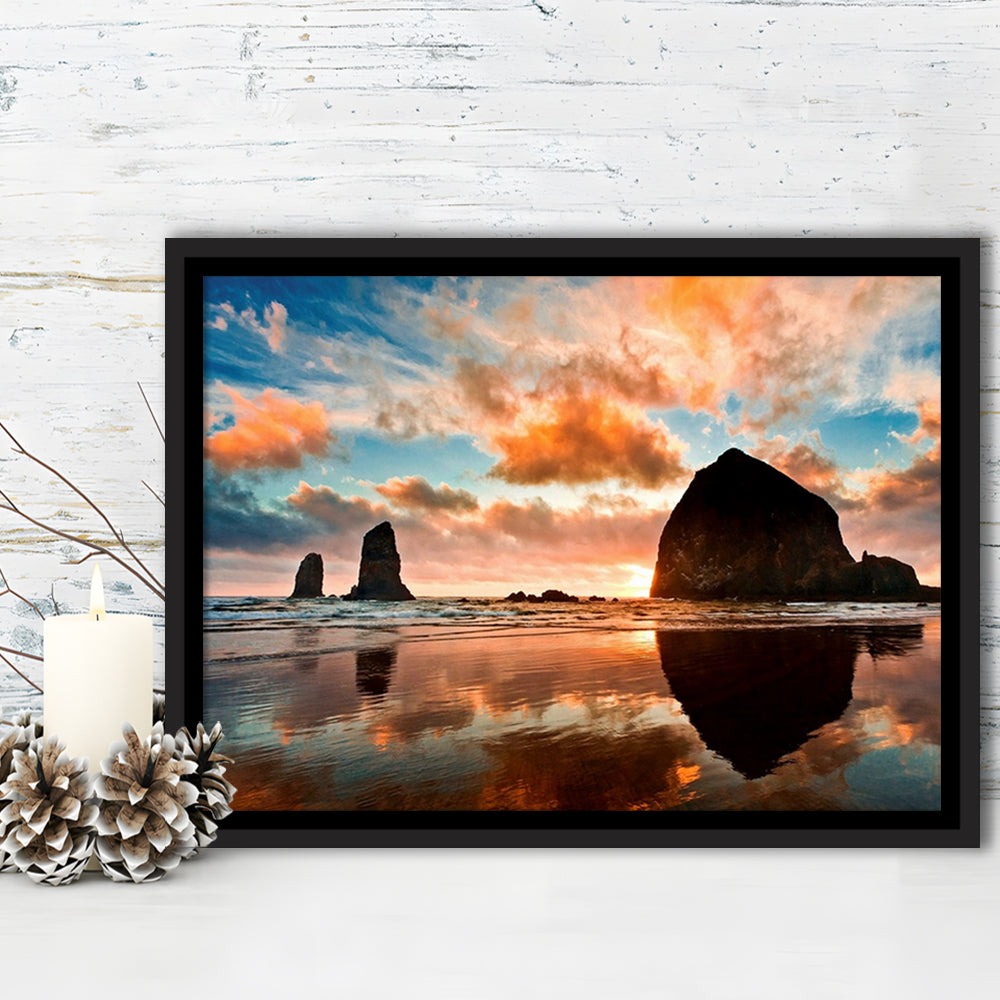 Haystack Rock At Sunset Cannon Beach Oregon. Large Stretched Canvas, Framed Cavas Print, Floating Frame
