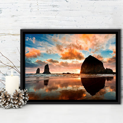 Haystack Rock At Sunset Cannon Beach Oregon. Large Stretched Canvas, Framed Cavas Print, Floating Frame