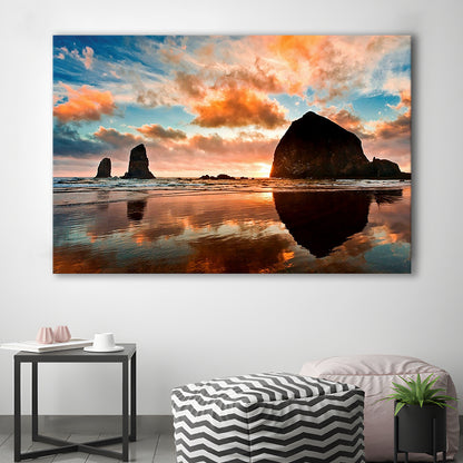 Haystack Rock at sunset Cannon Beach Oregon. Large Stretched Canvas, Cavas Print Wall Art Hom Decor