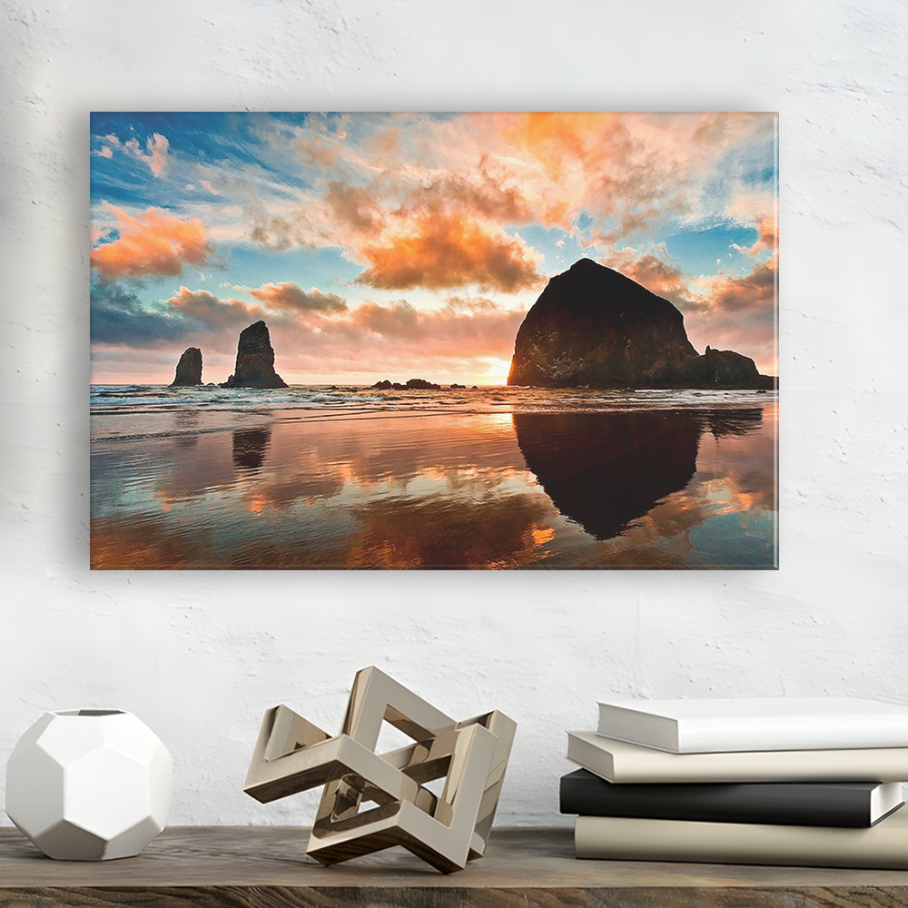 Haystack Rock at sunset Cannon Beach Oregon. Large Stretched Canvas, Cavas Print Wall Art Hom Decor