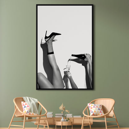 High Heel Woman Pouring Wine Print, Black and White, Bar & Pub Decor, Floating Framed Canvas Print