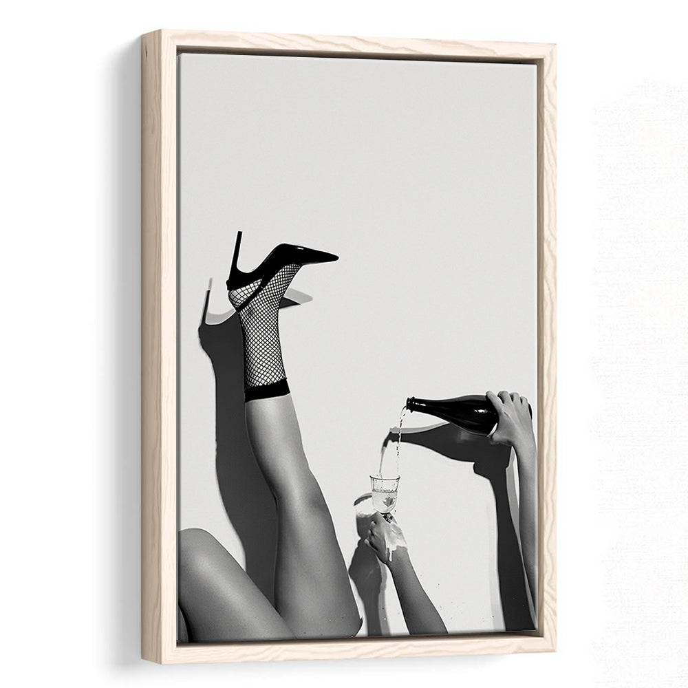 High Heel Woman Pouring Wine Print, Black and White, Bar & Pub Decor, Floating Framed Canvas Print