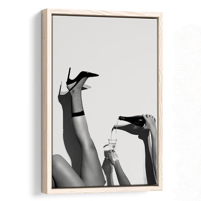 High Heel Woman Pouring Wine Print, Black and White, Bar & Pub Decor, Floating Framed Canvas Print