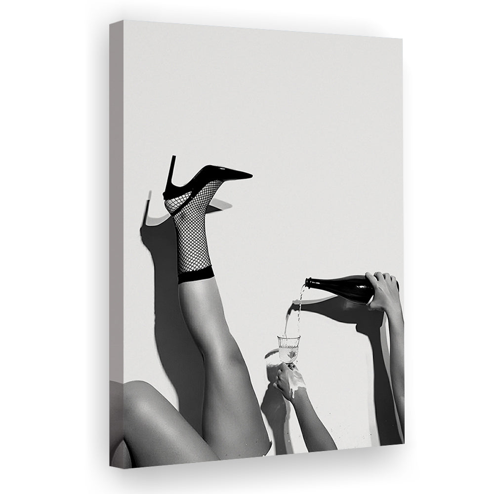 High Heel Woman Pouring Wine Print, Black and White, Bar & Pub Decor, Canvas Print Wall Art
