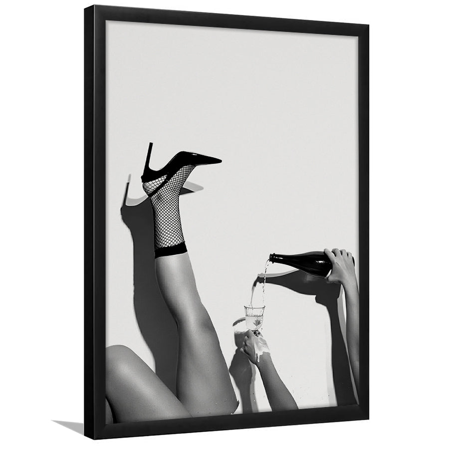 High Heel Woman Pouring Wine Print, Black and White, Cocktail Wall Art, Bar & Pub Decor, Framed Art Print Wall Decor