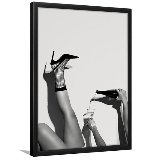 High Heel Woman Pouring Wine Print, Black and White, Cocktail Wall Art, Bar & Pub Decor, Framed Art Print Wall Decor