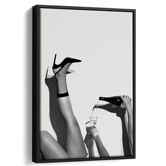 High Heel Woman Pouring Wine Print, Black and White, Bar & Pub Decor, Floating Framed Canvas Print