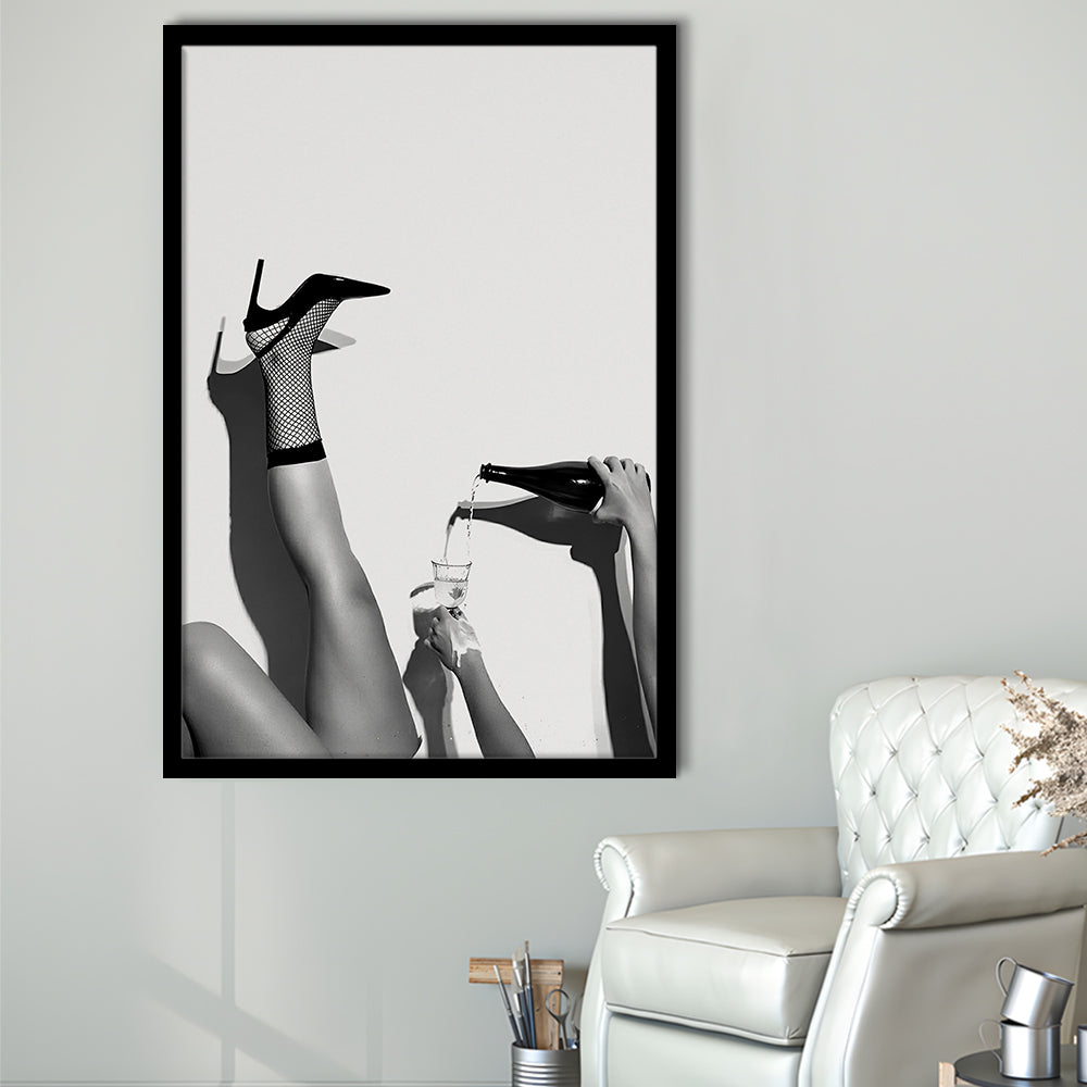 High Heel Woman Pouring Wine Print, Black and White, Cocktail Wall Art, Bar & Pub Decor, Framed Art Print Wall Decor