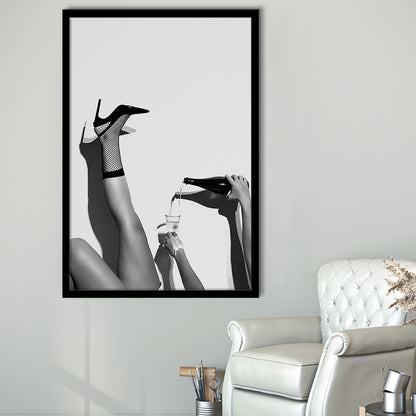 High Heel Woman Pouring Wine Print, Black and White, Cocktail Wall Art, Bar & Pub Decor, Framed Art Print Wall Decor