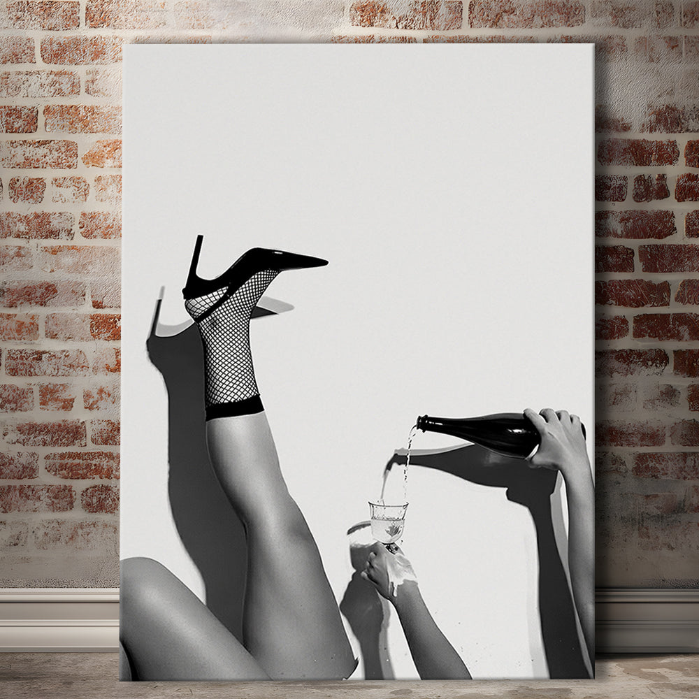 High Heel Woman Pouring Wine Print, Black and White, Bar & Pub Decor, Canvas Print Wall Art