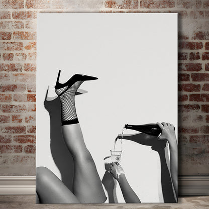 High Heel Woman Pouring Wine Print, Black and White, Bar & Pub Decor, Canvas Print Wall Art