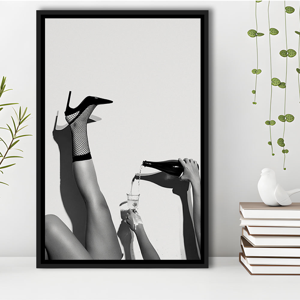 High Heel Woman Pouring Wine Print, Black and White, Bar & Pub Decor, Floating Framed Canvas Print