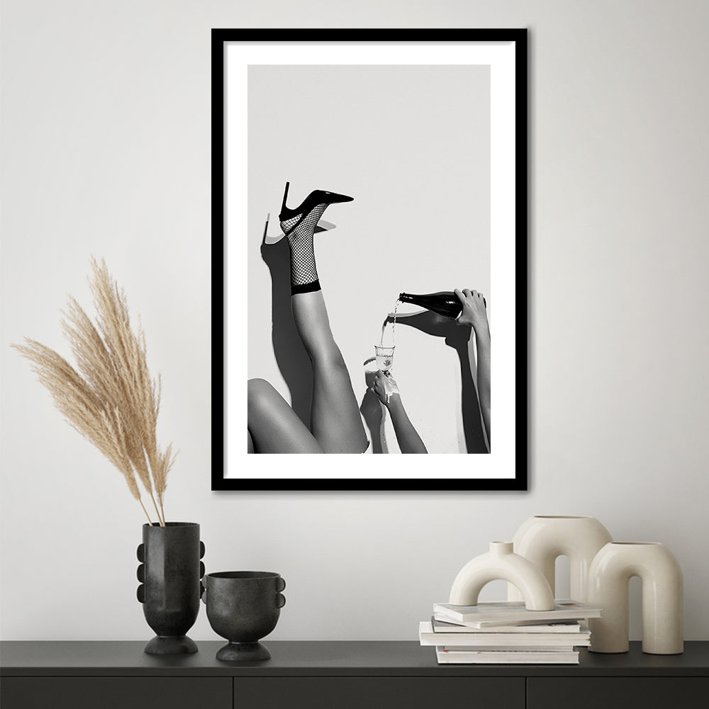 High Heel Woman Pouring Wine Print, Black and White, Cocktail Wall Art, Framed Art Print White Border Wall Decor