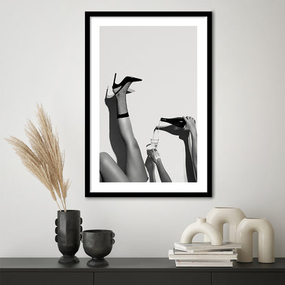 High Heel Woman Pouring Wine Print, Black and White, Cocktail Wall Art, Framed Art Print White Border Wall Decor