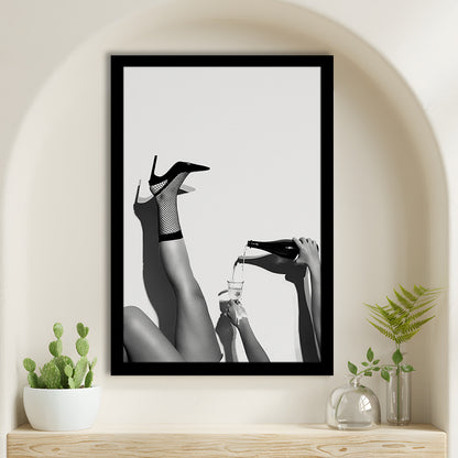 High Heel Woman Pouring Wine Print, Black and White, Cocktail Wall Art, Bar & Pub Decor, Framed Art Print Wall Decor