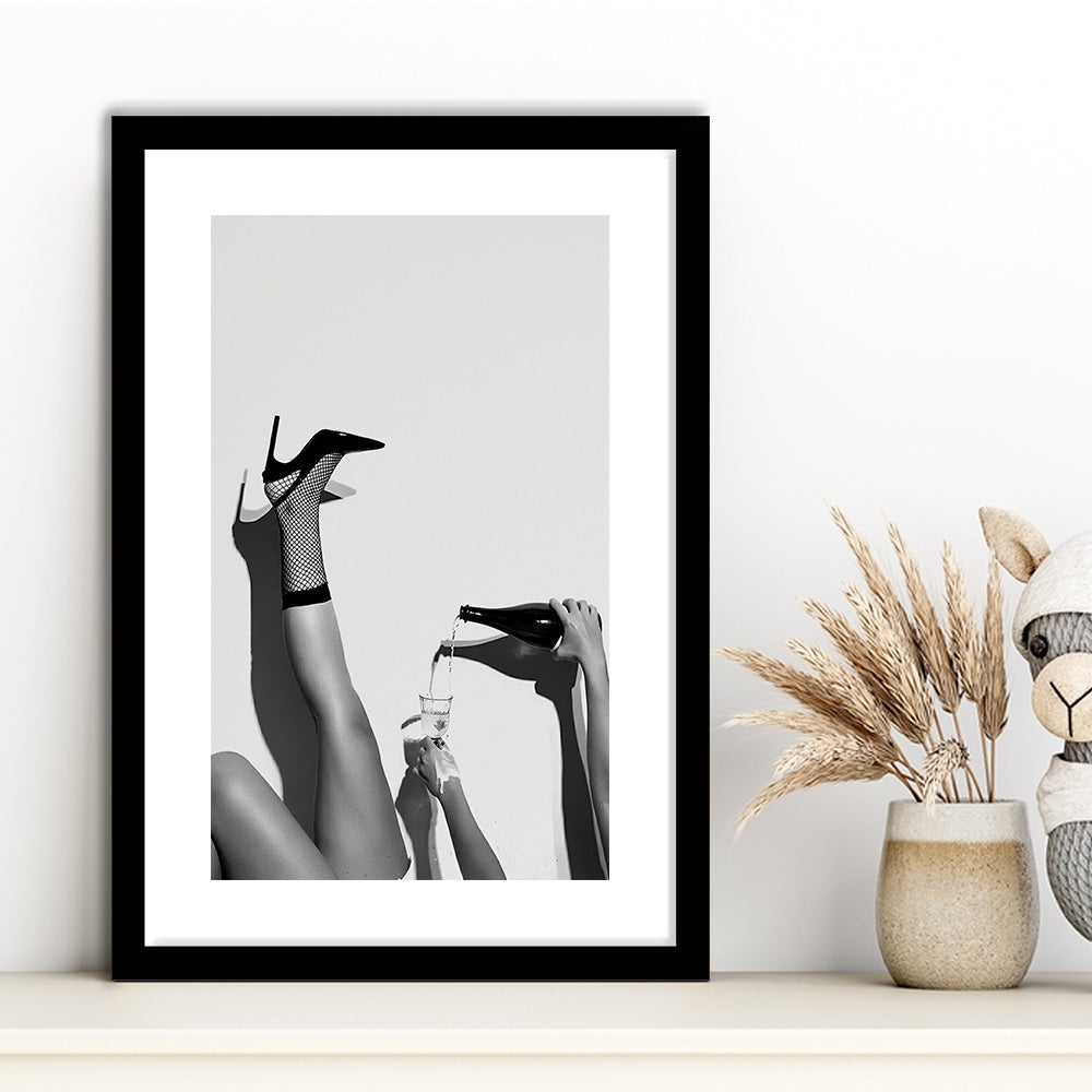 High Heel Woman Pouring Wine Print, Black and White, Cocktail Wall Art, Framed Art Print White Border Wall Decor