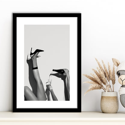 High Heel Woman Pouring Wine Print, Black and White, Cocktail Wall Art, Framed Art Print White Border Wall Decor