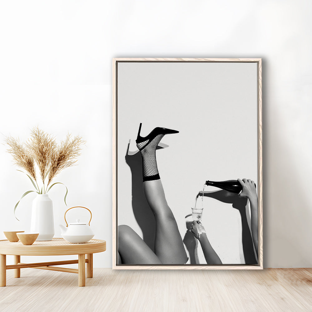 High Heel Woman Pouring Wine Print, Black and White, Bar & Pub Decor, Floating Framed Canvas Print