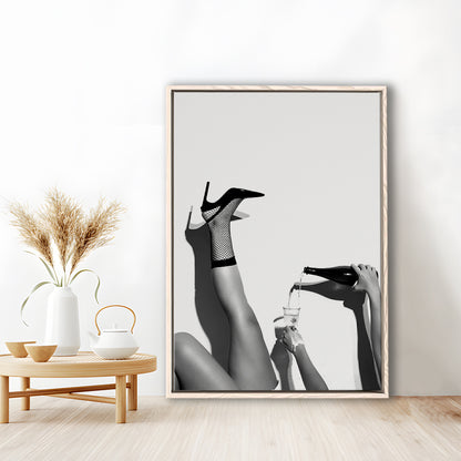 High Heel Woman Pouring Wine Print, Black and White, Bar & Pub Decor, Floating Framed Canvas Print