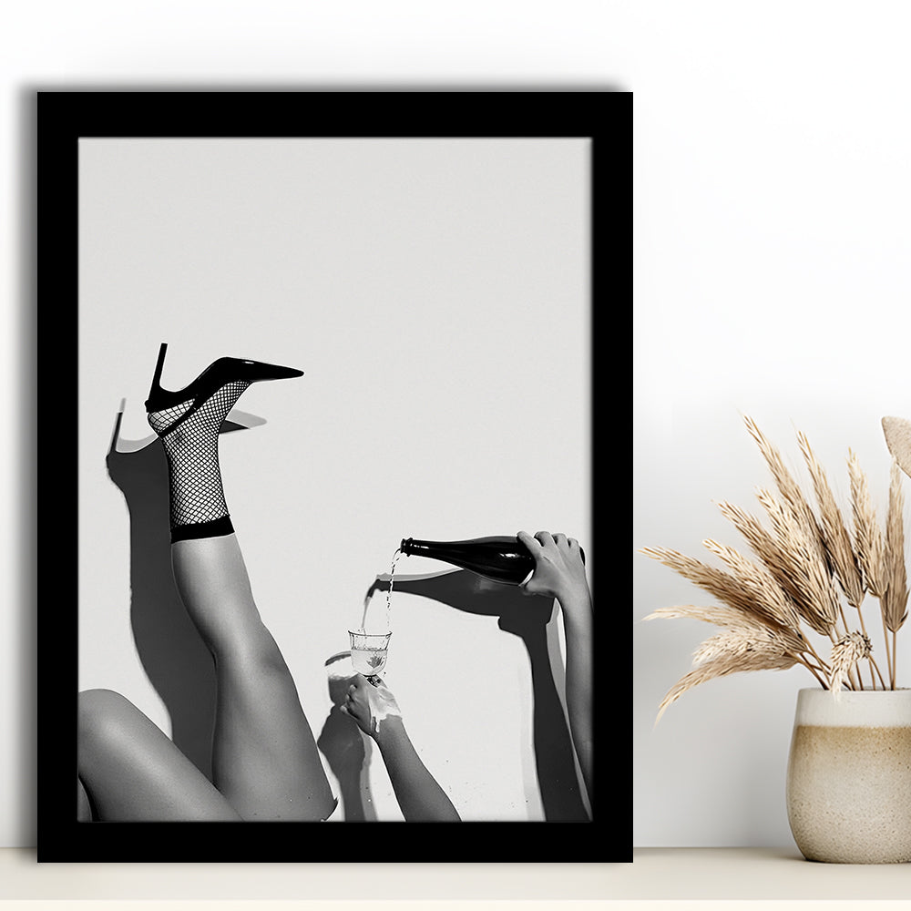 High Heel Woman Pouring Wine Print, Black and White, Cocktail Wall Art, Bar & Pub Decor, Framed Art Print Wall Decor