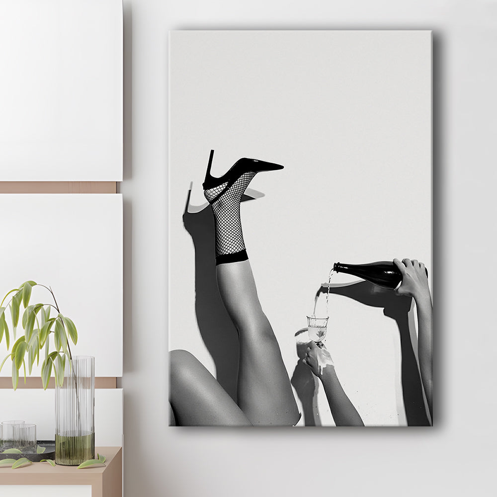 High Heel Woman Pouring Wine Print, Black and White, Bar & Pub Decor, Canvas Print Wall Art