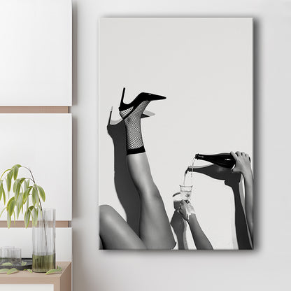 High Heel Woman Pouring Wine Print, Black and White, Bar & Pub Decor, Canvas Print Wall Art