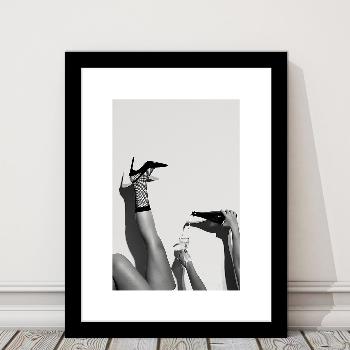 High Heel Woman Pouring Wine Print, Black and White, Cocktail Wall Art, Framed Art Print White Border Wall Decor