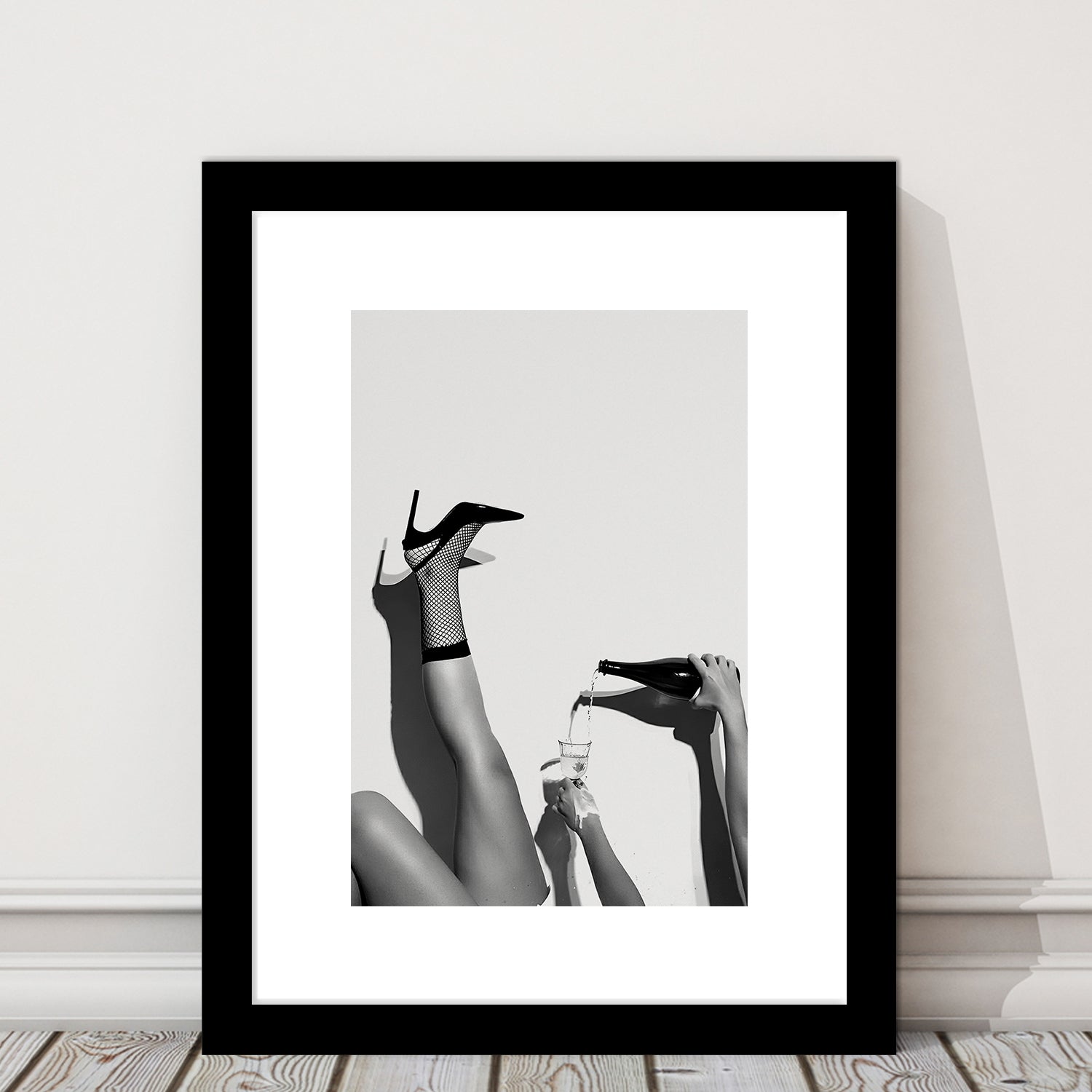 High Heel Woman Pouring Wine Print, Black and White, Cocktail Wall Art, Framed Art Print White Border Wall Decor