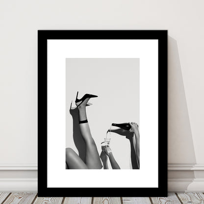 High Heel Woman Pouring Wine Print, Black and White, Cocktail Wall Art, Framed Art Print White Border Wall Decor