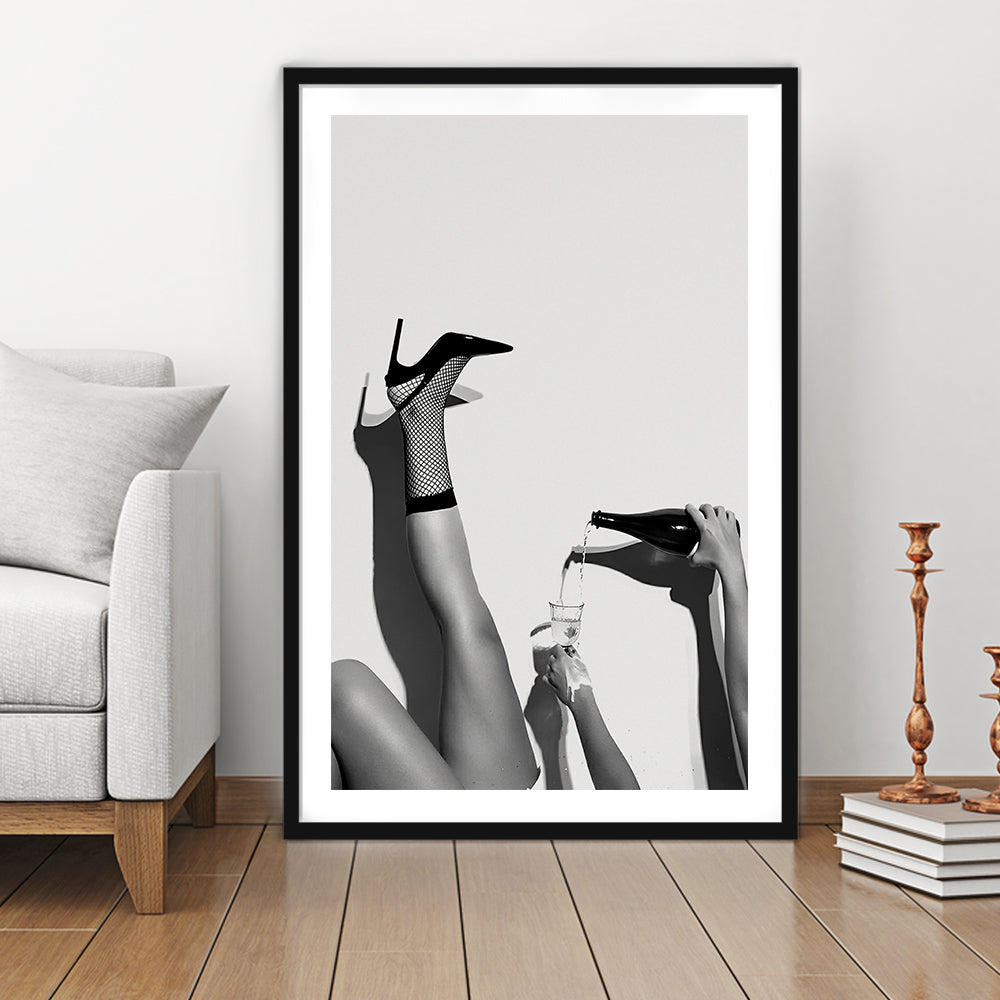 High Heel Woman Pouring Wine Print, Black and White, Cocktail Wall Art, Framed Art Print White Border Wall Decor