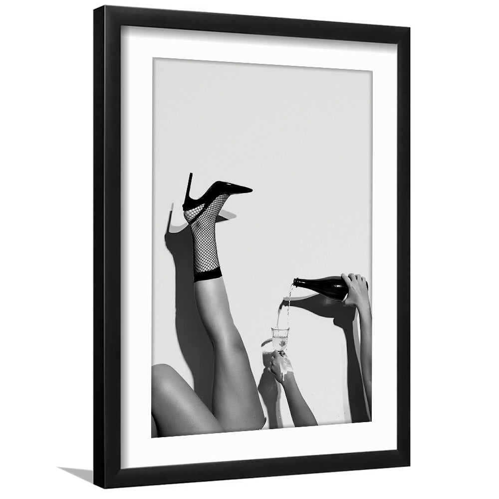 High Heel Woman Pouring Wine Print, Black and White, Cocktail Wall Art, Framed Art Print White Border Wall Decor