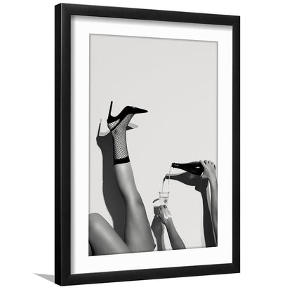 High Heel Woman Pouring Wine Print, Black and White, Cocktail Wall Art, Framed Art Print White Border Wall Decor