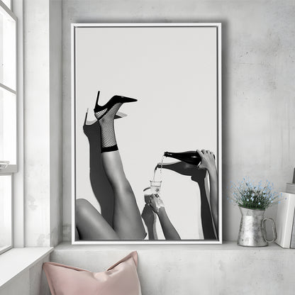 High Heel Woman Pouring Wine Print, Black and White, Bar & Pub Decor, Floating Framed Canvas Print