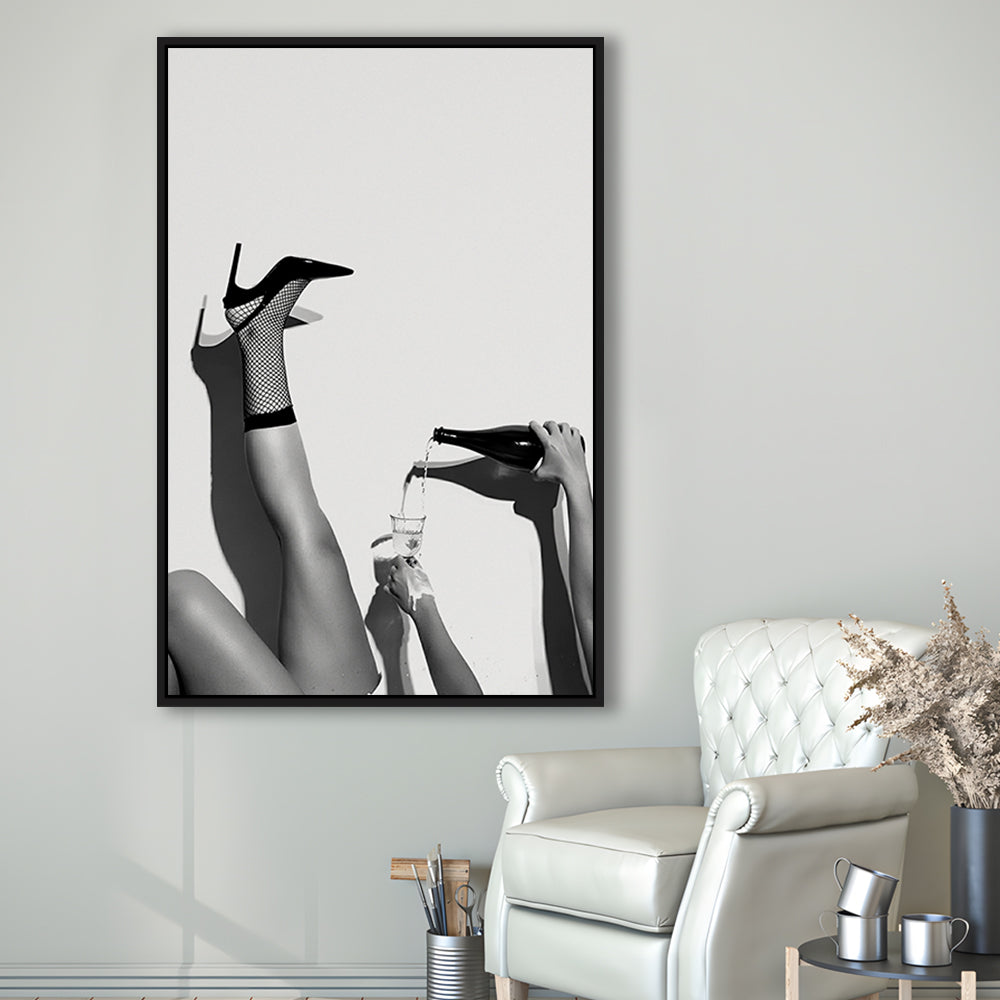 High Heel Woman Pouring Wine Print, Black and White, Bar & Pub Decor, Floating Framed Canvas Print