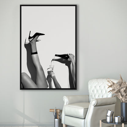 High Heel Woman Pouring Wine Print, Black and White, Bar & Pub Decor, Floating Framed Canvas Print