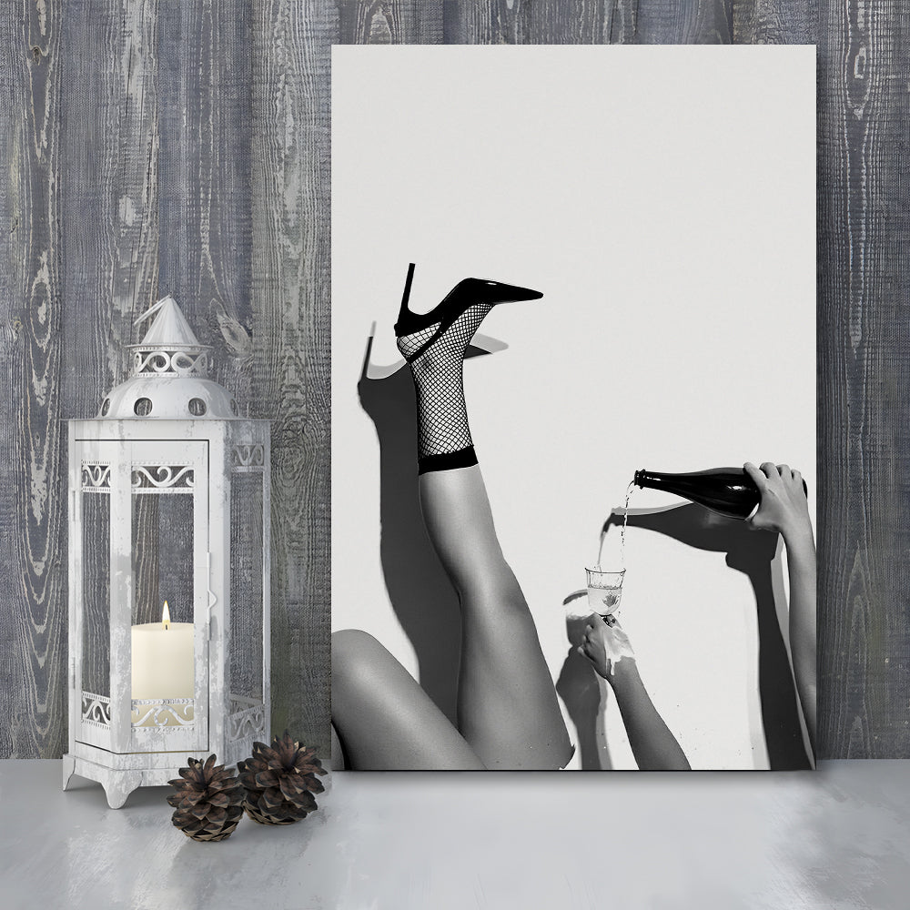 High Heel Woman Pouring Wine Print, Black and White, Bar & Pub Decor, Canvas Print Wall Art