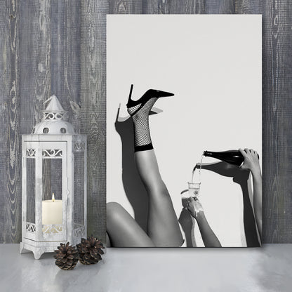 High Heel Woman Pouring Wine Print, Black and White, Bar & Pub Decor, Canvas Print Wall Art