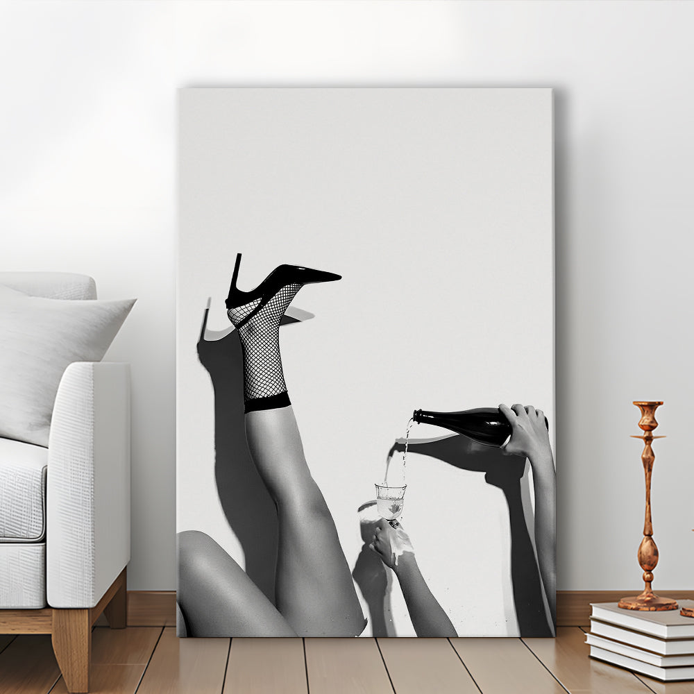 High Heel Woman Pouring Wine Print, Black and White, Bar & Pub Decor, Canvas Print Wall Art