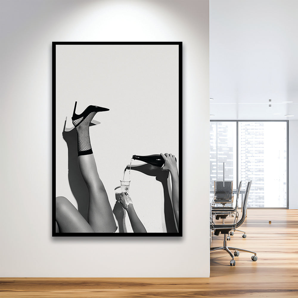High Heel Woman Pouring Wine Print, Black and White, Cocktail Wall Art, Bar & Pub Decor, Framed Art Print Wall Decor